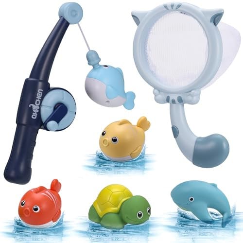 Fentar Badewannenspielzeug, Magnetisch Angelspiel ab 1-3 Jahre, Wasserspielzeug Kinder Angelset mit Angelrute Fischernetz Badetiere, Lustige Badewanne Spielzeug, Magnet Fischen Baby Badespielzeug