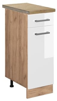 Vicco Küchenunterschrank R-Line, Weiß Hochglanz/Goldkraft Eiche, 30 cm, AP Eiche