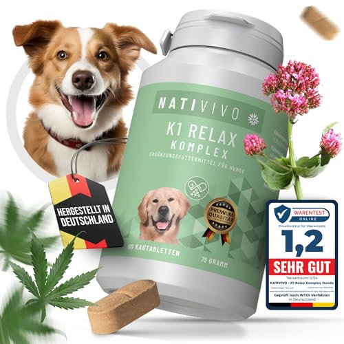 NATIVIVO K1 Relax Komplex Beruhigungsmittel für Hunde mit L-Tryptophan Baldrian Hanfsamenöl. Entspannung bei Angst, Stress & auf Reisen - Unterstützt Ruhe, Gelassenheit & Ausgeglichenheit im Alltag