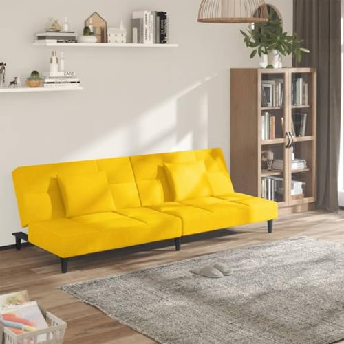 Homgoday Schlafsofa 2-Sitzer Klappsofa mit 2 Kissen Sofa mit Schlaffunktion Bettsofa Bettcouch Loungesofa Sofa Couch mit Verstellbarer Rückenlehne fürs Wohnzimmer Gelb Samt