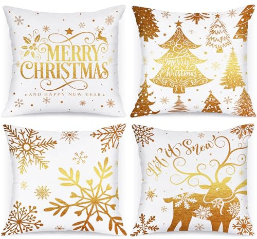 Lanpn 4 Stück Weiß und Gold Kissenbezug Weihnachten Kissenhülle 50x50 cm, Winterliche Schneeflocken Dekorative Weihnachtskissen für Weihnachtsdeko Christmas Bettwäsche Sofa Decorations (Gold)
