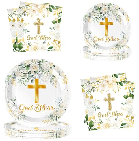 Grün Gott Segen Dekoration Geschirr Set Grün und Gold Taufe Thema Papier Teller für Baby Dusche Erste Heilige Kommunion Party Supplies