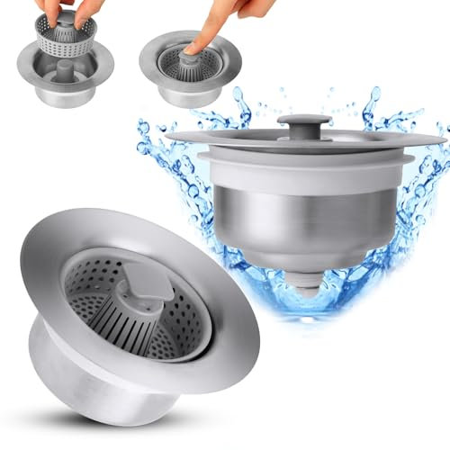Tahbarshi 2 Pcs Kitchen Sink Stopper Upgraded 3 in 1 Kitchen Sink Plug and Strainers Stainless Steel Anti Clogging Drain Strainer Sink Food Catcher Basket Depth > 45mm