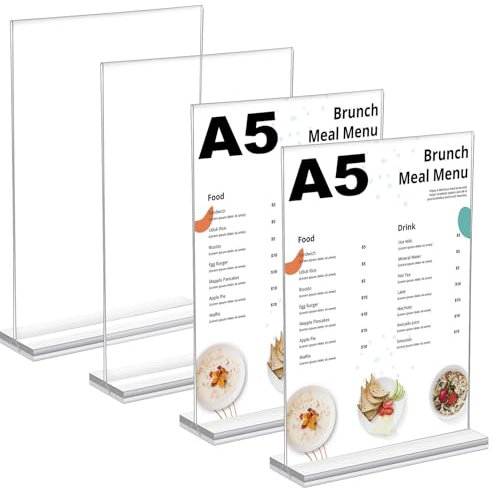 Smivyhp 4 Stück Tischaufsteller A5,Transparent Acryl Tischkartenhalter A5,T Form Preisschilder Aufsteller,Werbeaufsteller,A5 Ständer für Poster Speisekarten Fotos Büro Cafés Restaurant