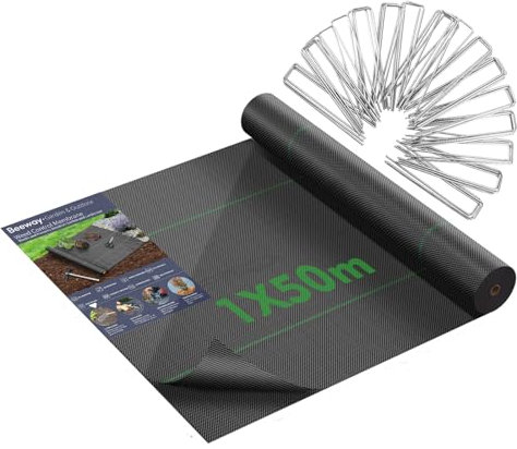 BEEWAY Weed Control Membrane 1m x 50m/Roll 90gsm with 50 Pegs 6/150mm Φ3mm, Heavy Duty Weed Barrier Fabric, UV Stabilised Black Woven Ground Cover for Garden Patio Landscaping