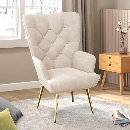 Hawthyhome eleganter Sessel polsterstuhl Ohnzimmer Sessel Schminktisch Stuhl mit Metall Beinen fürs Wohnzimmer/SchlafzimmerBis 150 KG belastbar Beige