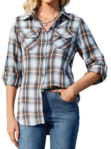 Irevial Chemisier Carreaux Femme Coton Chemise Bucheron Western Décontractée Classique Retro Ecossaise Coton Flanelle Blouse Gilet T Shirt Casual Vintage PAT3,M