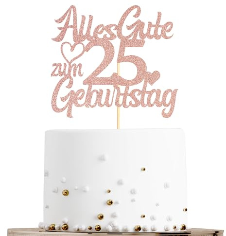 Sumerk Tortenaufsatz zum 25. Geburtstag in Roségold mit Glitzer, Doppelseitige Glitzer Tortendekoration zum 25. Geburtstag – 1 Stück