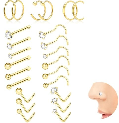 Koprek 24PCS 20G 14K Gold Nose Stud - 316L Surgical Steel, Hypoallergenic, L-Shaped & Corkscrew Nose Ring with 6A Round CZ Gem - Secure & Comfortable Nose Piercing Jewelry