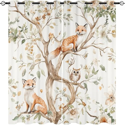 Generisch Blickdicht Verdunklungsvorhänge für Wohnzimmer H166 x B75 cm (2er Pack), Aquarell Waldtiere Muster Thermovorhang, Waschbarer Polyester Ösenschal Vorhang, Beige Gardinen für Kinderzimmer