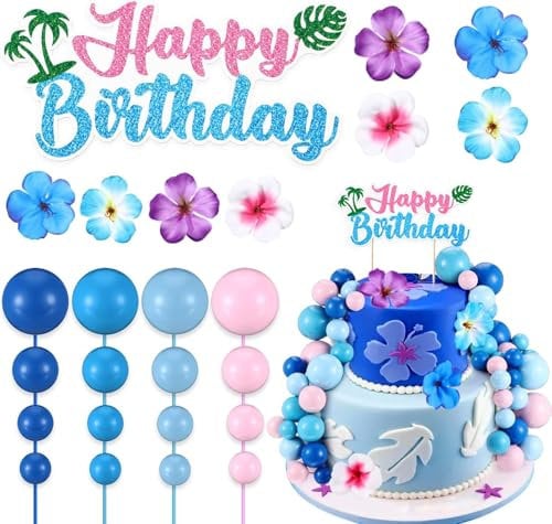 37 Piezas Azul Rosa Decoración de Tartas, Bolas Cake Topper, Flor Tarta Toppers, Decoración para Tartas Cumpleaños, Suministros de Fiesta para Cumpleaños, Boda, Baby Shower