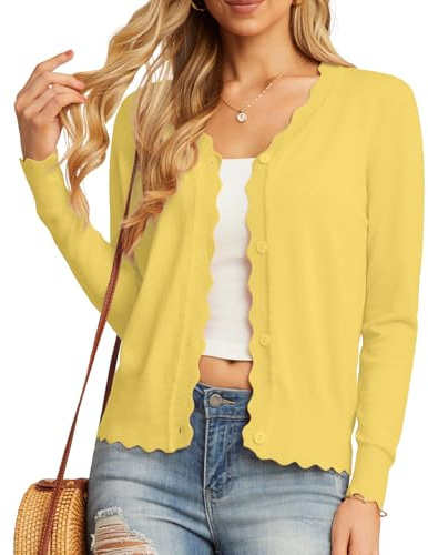 GRECERELLE Women's Cardigans Knit Long Sleeve V Neck Button Down Lightweight Ladies Scalloped Shrugs Jumper Cardigan for Dress Summer Evening Wedding