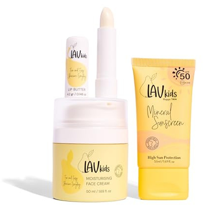 LAVkids Sun Ready Set, Feuchtigkeitscreme, LSF 50 Mineralische Sonnencreme und Lippenbutter, Dermatologisch Getestet, Kindergeschenk-Set