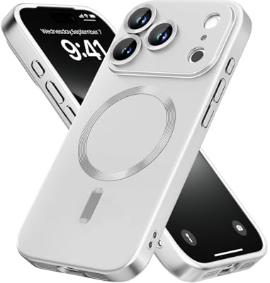 samanoya Magnetische Schutzhülle für iPhone 17 Pro, kompatibel mit MagSafe, integrierter Linsenschutz, dünn und weich, aus Silikon, stoßfest, metallic glänzend(Silber)