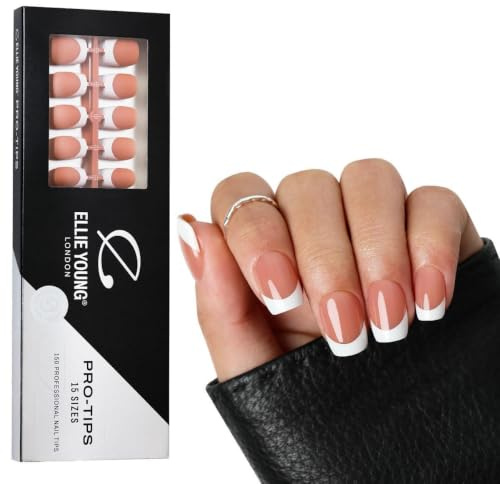 Ellie Young PROTIPS 150pcs French Nail Tip Pre-designed Press-On Nails, 15 Sizes Soft Gel Nail Extensions for DIY Nail Art & Polish ((ONLY NAILS) Brown Short Square)