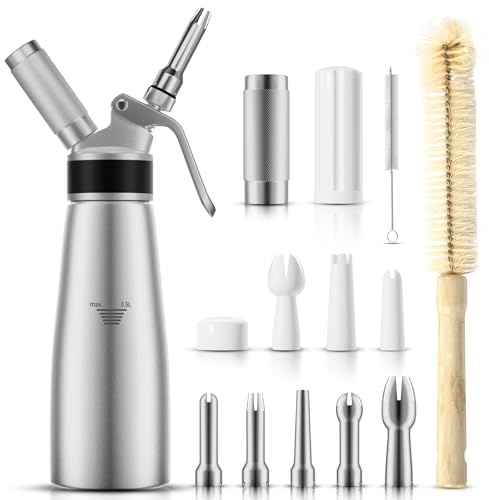 ENLOY Dispenser professionale in alluminio per panna montata, 500 ml, contenitore per panna montata, con 8 ugelli decorativi e spazzola per la pulizia, frusta per panna da usare con caricabatterie N2O