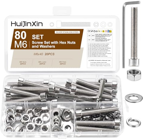 80 Stück M6x40mm Schrauben Set,Innensechskant Schrauben Muttern Set,Edelstahl Zylinderschrauben mit Muttern Sets,Sechskantschrauben Unterlegscheiben Sortiment,Maschinenschrauben Gewindeschrauben