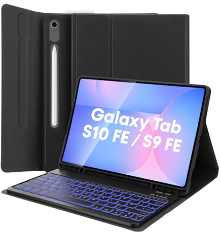 MAYPHY Tastatur Hülle mit Hintergrundbeleuchtung für Samsung Galaxy Tab S10FE/S9FE 10.9 Zoll, Tab S9/S8/S7 11 Zoll, Schlanke Hülle mit Abnehmbarer Tastatur, Deutsches QWERTZ Layout, Schwarz