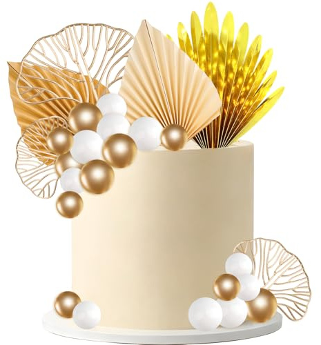 26Pcs Boho Cake Topper,White Gold Balls Cake Decorations,Balloon Cake Cupcake Topper for Birthday Wedding Baby Shower Party Supplies