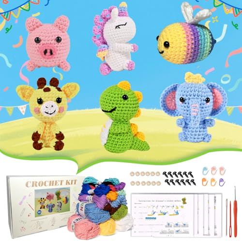 Alutaba Häkelset für Anfänger, 6pcs Amigurumi Tiere DIY Häkeln Set | Häkelset mit Garn & Zubehör, Video, Anleitung, Strick-Set für Häkelliebhaber, DIY-Fans & Einsteiger, Tolles Geschenk
