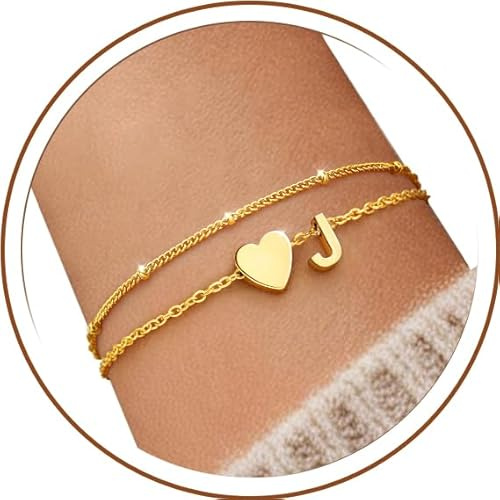 J.Fée Armband Damen Silber/Gold, Personalisiertes Armband Mit Buchstaben Aus 925er Silber Oder 14 Karat Gold, 26 Initialen Von A Bis Z Herz Layering Armbänder Damen, Elegantes Geschenke Für Frauen
