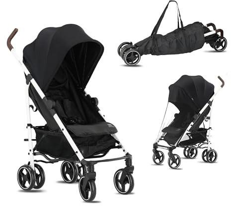 Deryan Bobbie Kinderwagen, Liegebuggy, Sportwagen, Leicht - 8,5kg, Drehbare Vorderräder, Verstellbarer Griff, Stufenlose Einstellung der Rückenlehne, Schnelles Zusammenklappen (Schwarz Weiß)