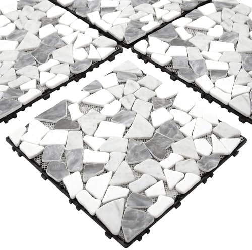 4 piastrelle ad incastro in ciottoli naturali, 30,5 x 30,5 cm, in finto marmo riciclato, impermeabili, per patio, esterni e interni, per portico, piscina, balcone, cortile, grigio misto