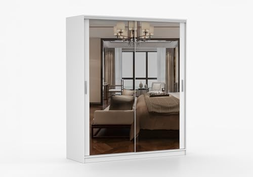 Fabryka Mebli Idźczak Schwebetürenschrank 180 cm breit Weiß mit Spiegel, Metallführungen Rollenlauf, Kleiderstange Einlegeböden, 16 mm Laminatplatte, Schlafzimmer Ankleide