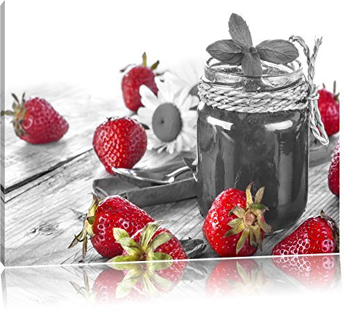 Pixxprint fruchtige Erdbeeren vor Marmeladenglas B&W, Größe: 120x80cm, Leinwandbild, fertig gespannt, Wandbild, Dekoration, Kunstdruck, kein Poster