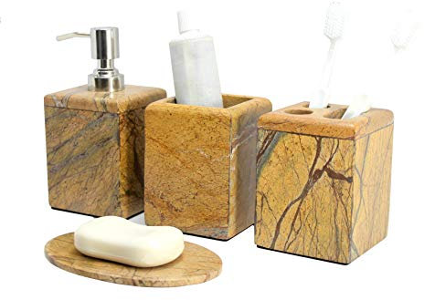 KLEO Luxus 4-teiliges Badezubehörset | Inklusive Flüssigseife oder Lotionspender mit Edelstahlpumpe, Zahnbürstenhalter, Becher, Seifenschale - Bath Set/Bathroom Accessories