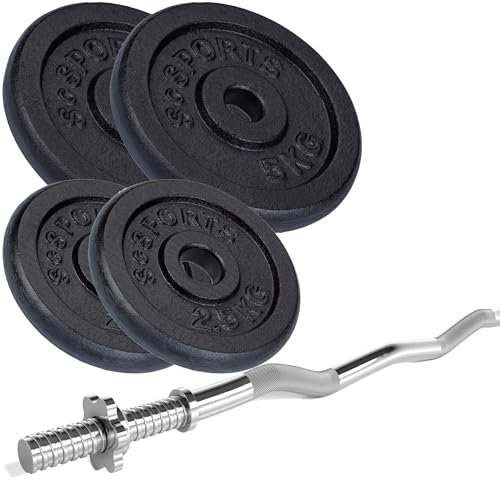 ScSPORTS® Hantelset - Curlstange, 120 cm, mit Gewinde, Stahl, Hantelscheiben 15/20/28/40/60 kg, Gusseisen, Schwarz, Stern-/Federverschluss (15 kg (2 x 5 + 2 x 2,5))