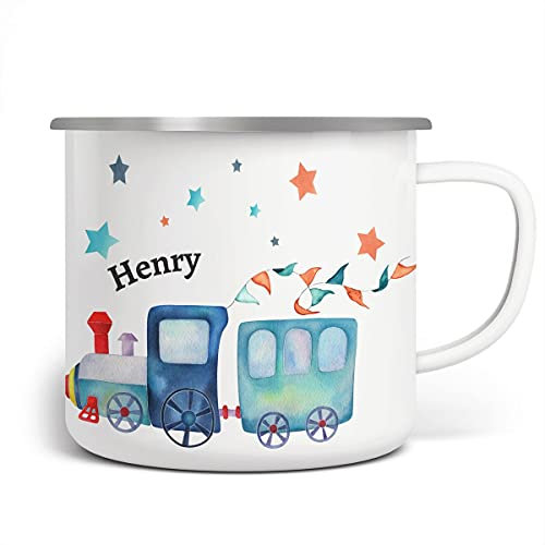 miKalino Emaille Tasse Eisenbahn Lok Zug mit Sternen personalisierte Kindertasse mit Namen bedruckt Emaille Becher Emailletasse | handbedrucktes Geschenk, Farbe:weisssilber, Grösse:300ml