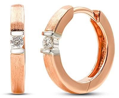 Creolen 585 Echtgold 13 mm - 2 Diamanten je 0.06 Ct - Rosegold Damen Ohrringe 14k - Schmuck mit Geschenkbox