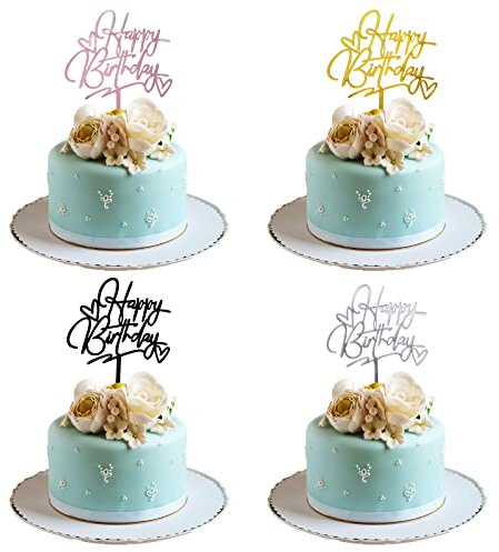 XINCHENG 4 Stück Cake Toppe Happy Birthday Tortendeko Geburtstag Acryl Kuchen Deko Torten(Gold, Rot, Silber, Schwarz)…