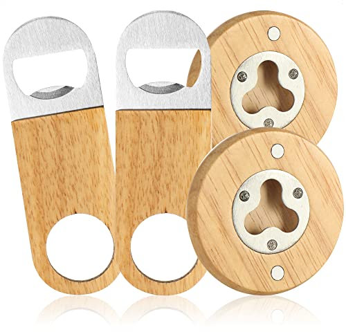 COM-FOUR® Décapsuleur 4x en acier inoxydable avec un manche en bois naturel pratique - décapsuleur au design simple (4 pièces bois Acier inoxydable 2x plat 2x rond)