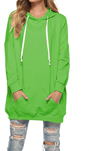 Famulily Damen Oversized Hoodie Kleid Baumwolle Lang Sweatshirt mit Kapuze Einfarbige Kapuzenpullover und Taschen und Kordelzug