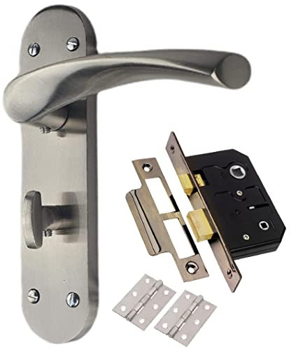 Golden Grace Astrid Bathroom Door Handles On Backplate Satin Stainless Steel Finish with Bathroom Mortise Lock and 1 Pair of 3 Hinges