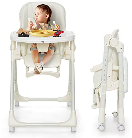 COSTWAY Foldable Highchair for Babies and Toddlers, Adjustable High Chair with 4 Lockable Wheels, 5 Recline Positions, Footrest and Double Tray, for 6 Months to 3 Years Old (Beige)