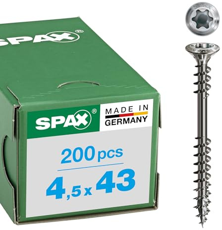 SPAX Fassadenschraube, 4,5 x 43 mm, 200 Stück, Fixiergewinde, Linsensenkkopf, T-STAR plus T20, 4CUT, Edelstahl rostfrei A2-25470004504322
