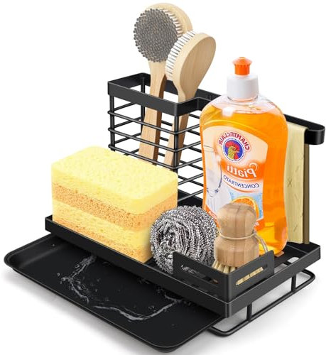 Sink Caddy, Kitchen Sink Organiser with Dish Cloth Hanger And Drip Tray for Kitchen Accessories, Brush Soap Drainer Rack Dishrag Dishcloth Holder Rack Sponge Holder with Drain Tray for Counter (A)