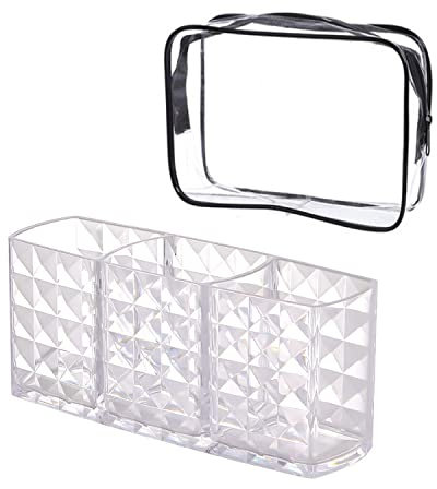 Caja de almacenamiento de maquillaje 1pc, bolsa de almacenamiento de 1pc, caja de almacenamiento de pinceles de maquillaje de 3 ranuras, caja de almacenamiento de cristal transparente