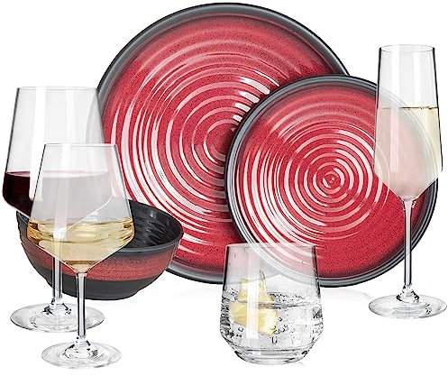 Melamin Camping Geschirr Set 4 Personen Stone Red + 16 Milano Gläser Wassergläser Weingläser Champagner-Gläser Flûtes Tafelgeschirr Picknick BBQ Kochgeschirr