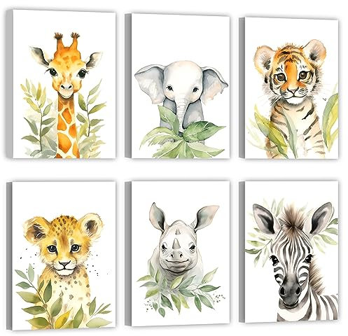 LZIMU Baby Safari Tiere Kinderzimmer Bild auf Leinwand 6 Stück süße Giraffe Elefant Tiger Leopard Nashorn Zebra Poster Leinwand Bild Kinderzimmer Dekoration (Gerahmt, 20.00x30.00cms x6)