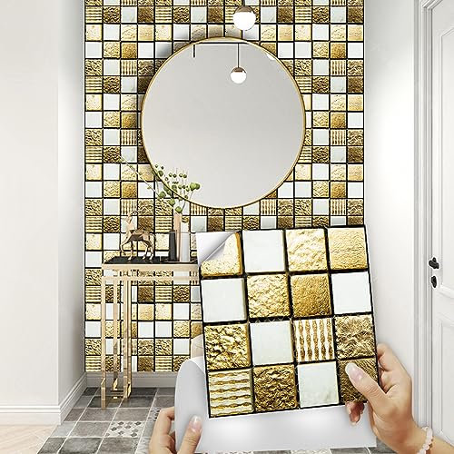 Fliesenaufkleber Goldener Weißer Streifen Küchenrückwand Selbstklebend PVC Klebefliesen Hitzebeständig Mosaikfliesen Wasserdicht Fliesenaufkleber Bad Ölfest Spritzschutz Fliesenfolie 10x10cm/10 Pcs