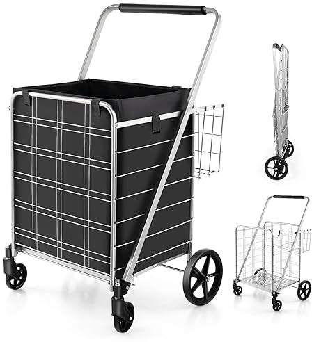 GOPLUS Carro de la Compra Plegable 126L, Carrito Compra Portátil Grande con Ruedas Universales y 2 cestas, Bolsa Impermeable Extraíble, Carga Máxima 150KG, Ideal para Lavandería Equipaje, Plateado