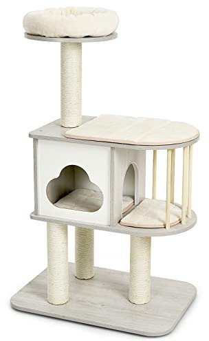 COSTWAY Wooden Cat Tree, Cats Climbing Tower with Condo, Sisal Scratching Posts and Washable Cushions, Indoor Kitten Activity Furniture Play House (117cm Tall, Light Grey)