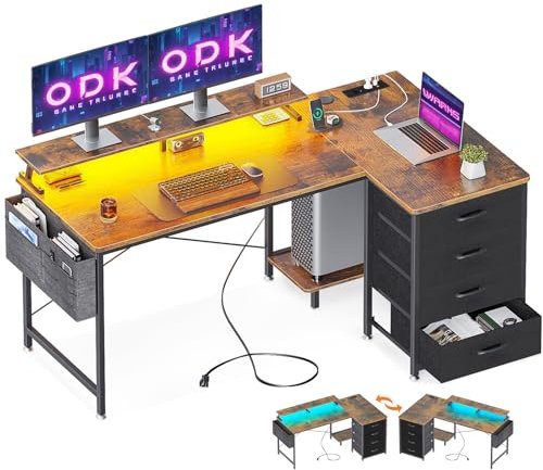 ODK Eckschreibtisch mit 4 Stoff Schubladen, 140x80cm Reversible Schreibtisch L Form mit 2 Steckdosen und 2 USB Ladeanschluss, Gaming Tisch L Form mit LED&Monitorständer für Home Office, Braun