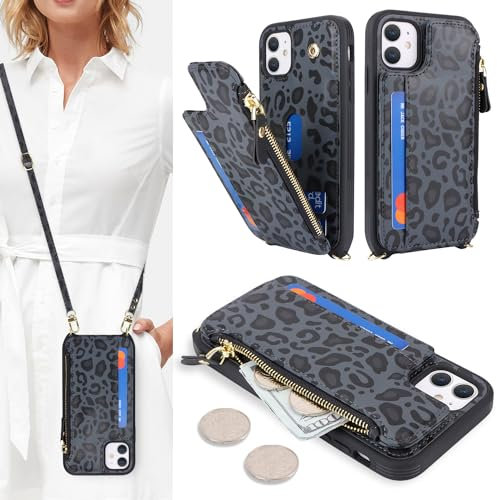 SailorTech Handyhülle für iPhone 11 Etui mit Kartenfach, iPhone 11 Hülle mit Verstellbarer Halskette, iPhone 11 Handytasche mit Reißverschluss Geldbörse - Schwarzer Leopard