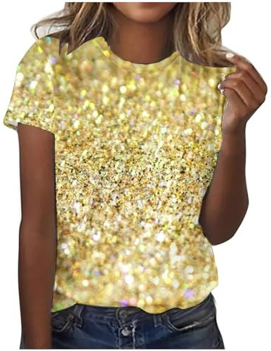 Pailletten Shirt Damen Sommer Kurzarm Tshirt Pailletten Druck Oberteil Drucken Kurzarm Rundhalsausschnitt T-Shirt Festliche Glitzer Party Club Tops Blusen Basic T-Shirt Lässig Pullover Tunika