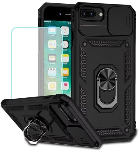 Jhxtech for iPhone 8 Plus/iPhone 7 Plus/iPhone 6 Plus/6S Plus Case with Tempered Glass Screen Protector and Slide Camera Cover, Magnetic Ring Car Mount Holder Protective Cover for iPhone 7 Plus Black